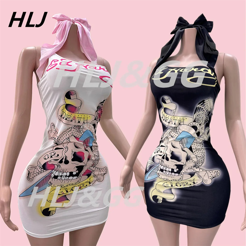 HLJ Y2K Pattern Printing Bodycon One Piece Spaghetti Strap Mini Dresses Women Sleeveless Backless Slim Vestidos Sexy Streetwear