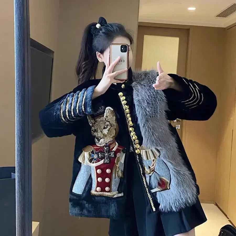 Luxury Women Cartoon Embroidery Faux Mink Fur Stitching Jacket Stand Collar Velvet Coat OL Furry Cardigan Flocking Tops Jaqueta