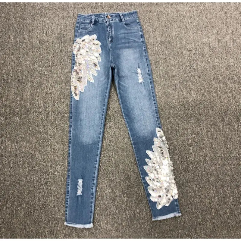 White Sequin Phoenix flower Denim Pants For women's 2025 New Korean Slim Elastic Pencil Skinny Jeans Female Ankle length Pants