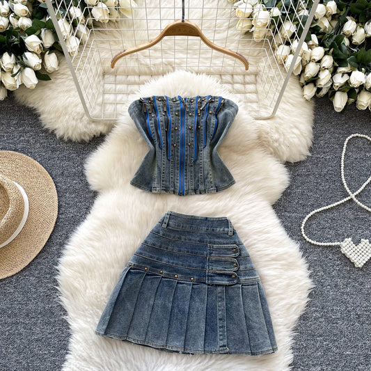 2025 New Women Denim Clothing Suits Chic Zipper Willow nail sleeveless strapless Tops + Pleated Jeans Mini Skirt 2-piece Sets