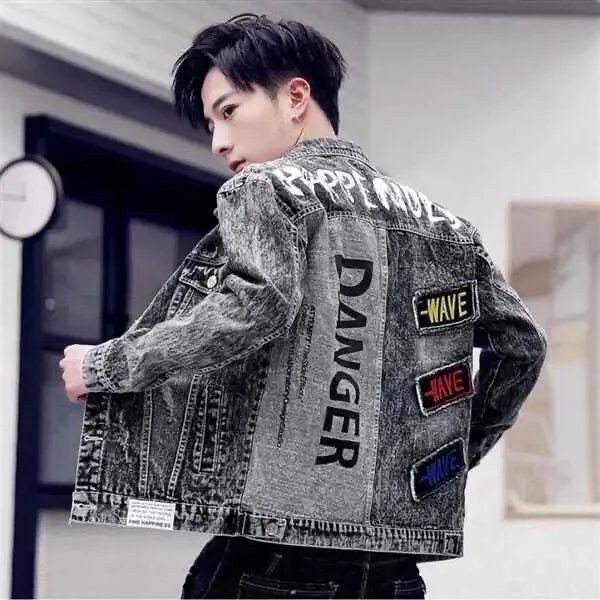 Button Hip Hop Casual Slim Short Autumn with Print Denim Jackets Man Black Gray Jeans Coat for Men on Board High Quality Fashion