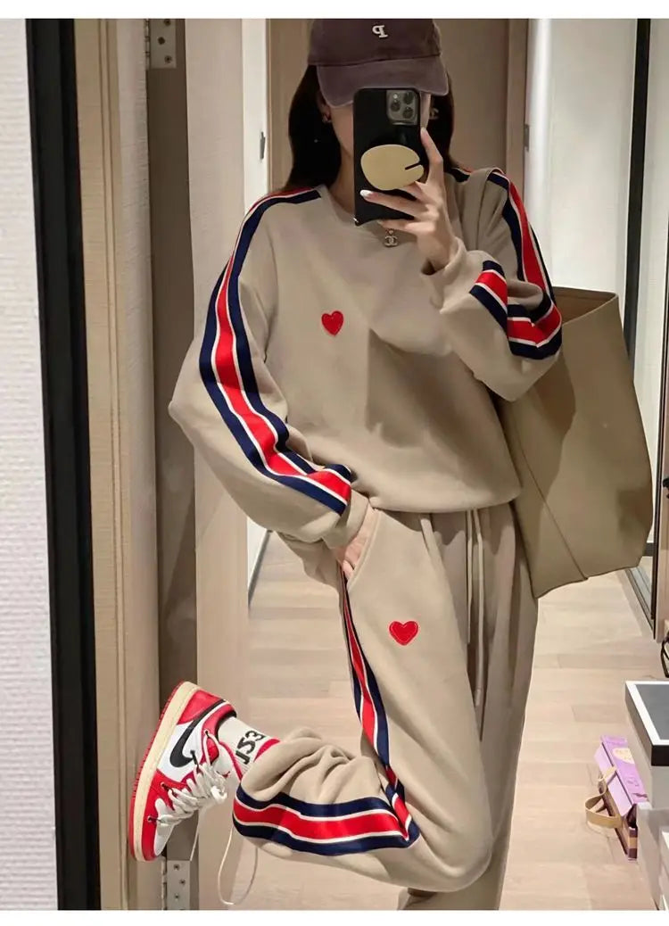 Autumn Cute Love Embroidery Pant Sets Two Pieces Tracksuits Khaki Side Striped Sweatshirt Women Girls Loose Sporty Korean Style