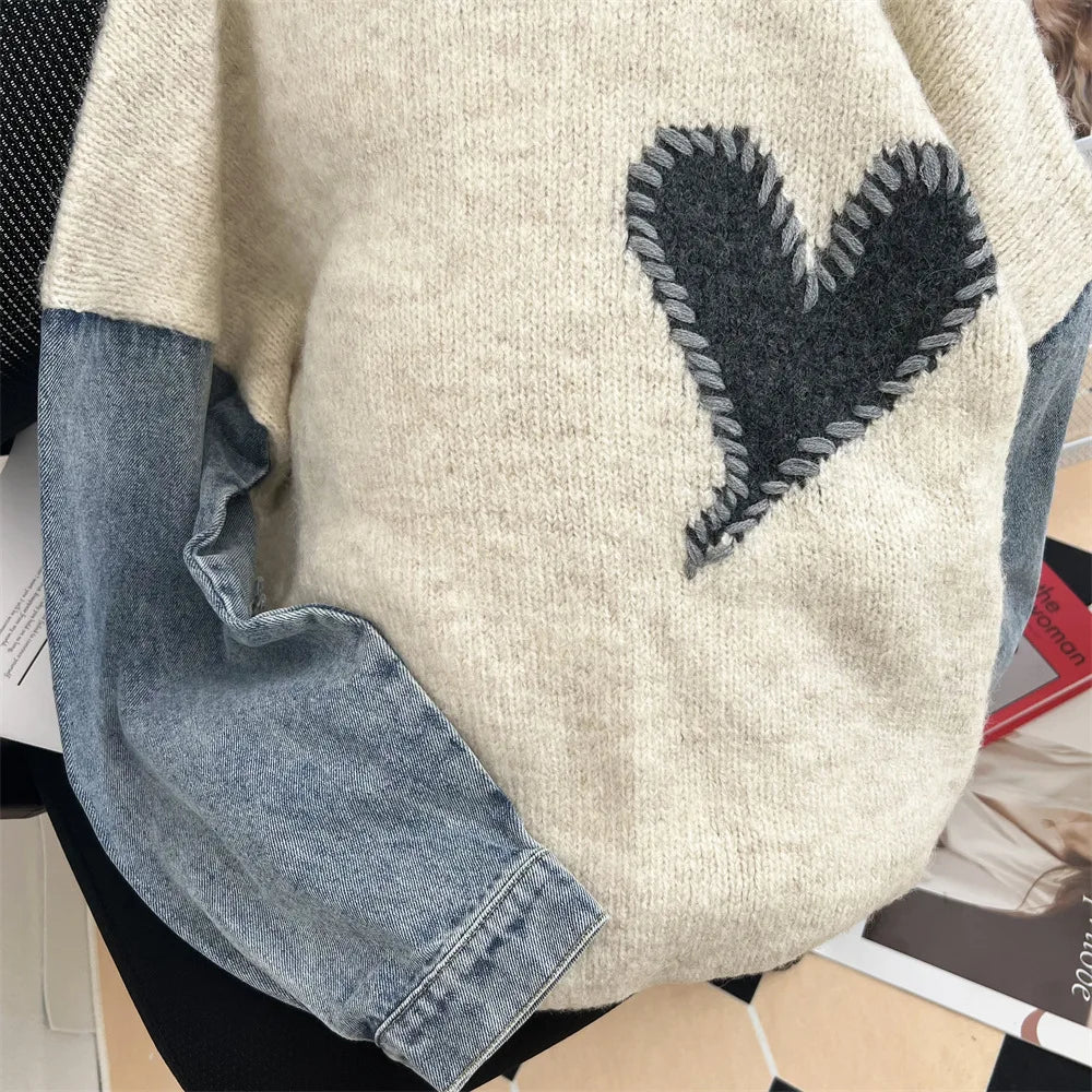 Women's Long Sleeve Pullover Vintage Denim Patchwork Knit Sweater Autumn Women O-Neck Heart Sweater Loose Harajuku Sweatshirt