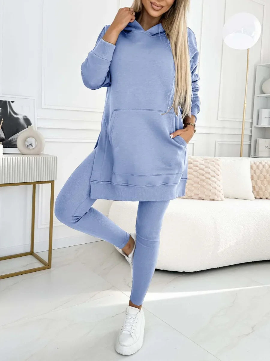 Women Pant Sets Two Pieces Tracksuit Hooded Solid Sweatshirts Pullover Pencil Pants Slim High Street Pockets Ankle Length