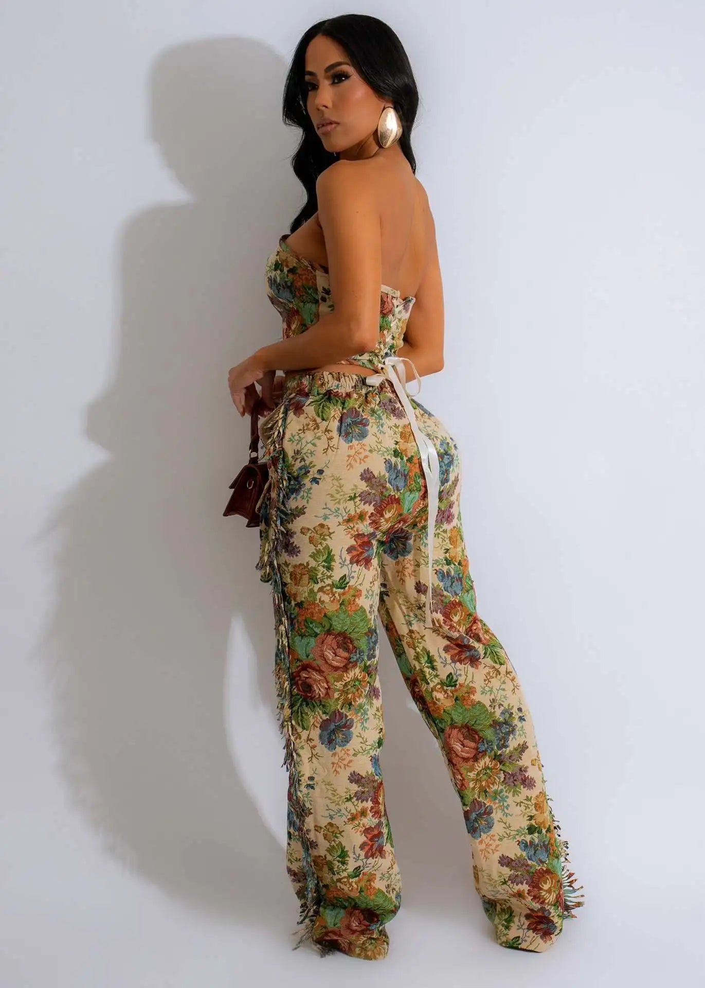 BKQU Jacquard Pants Set Women Sexy Strapless Lace Up Corset Crop Tops and Pocket Tassel Wide Leg Pants Two Piece Trousers Suits