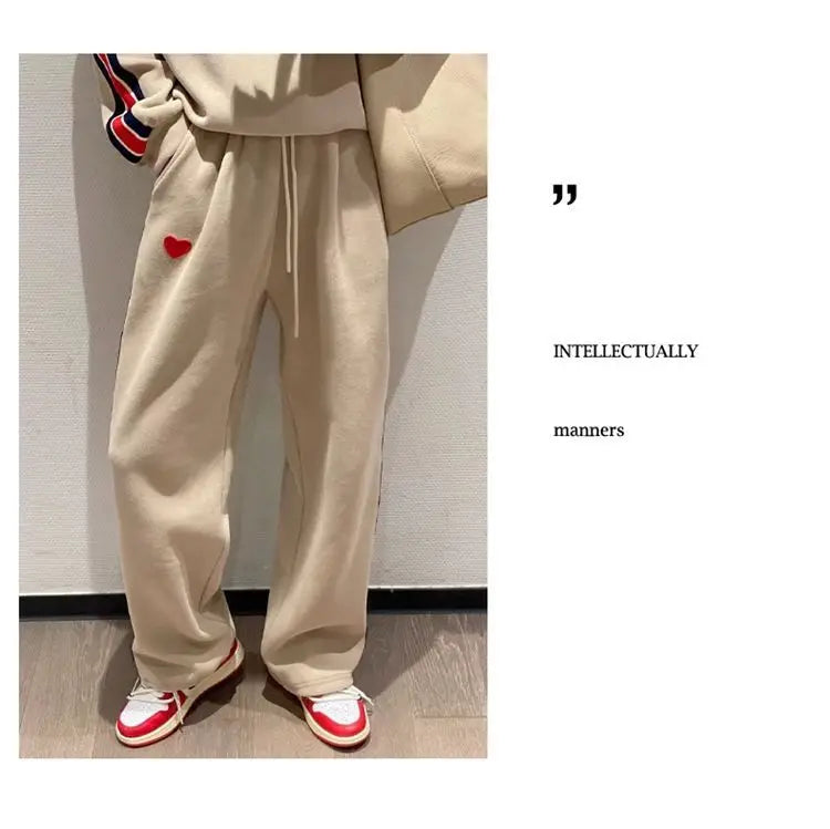 Autumn Cute Love Embroidery Pant Sets Two Pieces Tracksuits Khaki Side Striped Sweatshirt Women Girls Loose Sporty Korean Style