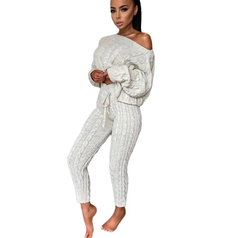 Women Set Two Piece Sets Autumn and Winter  Women O-neck Pullover Woolen Trousers Pants Suit Solid Casual Knitted Sweatshirt Set