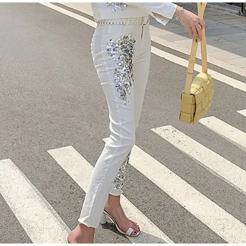 White Sequin Phoenix flower Denim Pants For women's 2025 New Korean Slim Elastic Pencil Skinny Jeans Female Ankle length Pants