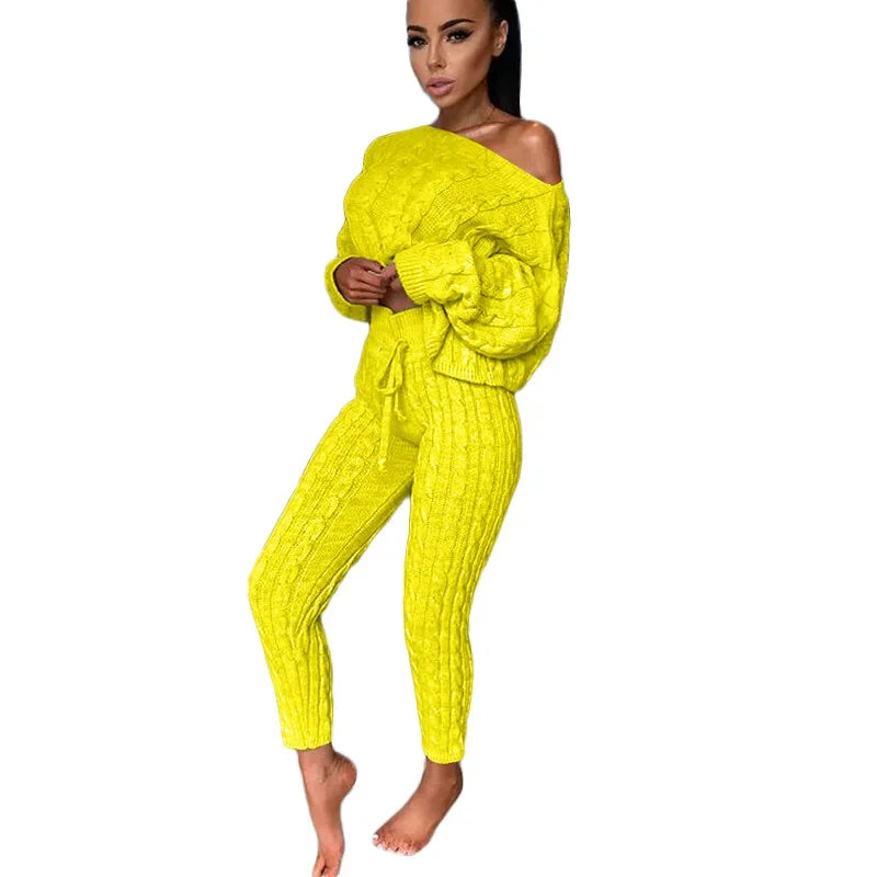 Women Set Two Piece Sets Autumn and Winter  Women O-neck Pullover Woolen Trousers Pants Suit Solid Casual Knitted Sweatshirt Set