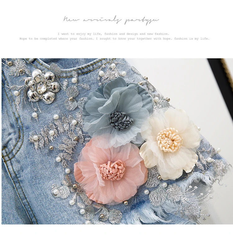 Fashion Cotton T-Shirt Tops + Short Jeans 2 Pieces Sets 2024 New Summer Women's Denim Pants Outfits 3D Flowers Beading Suits