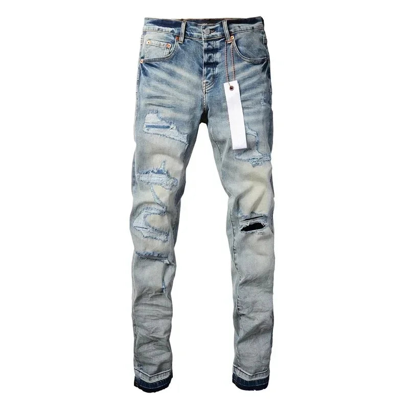 American Purples Jeans men Fashion brands top quality High Street Blue Patch Repair Low Rise Skinny Denim pants 28-40 size