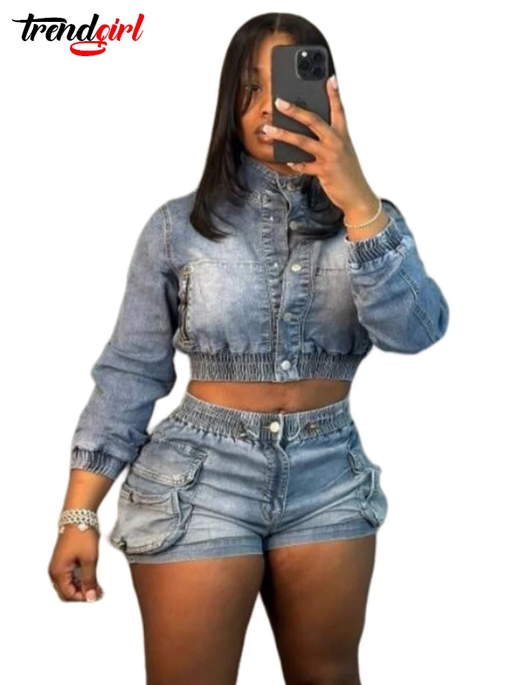 Mlaiscsr Stretch Denim Long Sleeve Two 2 Pieces Set Women‘s Streetwear Jacket Crop Tops and Shorts Jean Matching Suit Clubwear