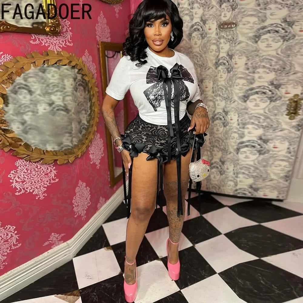 FAGADOER Fashion Y2K Sweet Bow Bandage Lace 2 Piece Sets Outfits Women Round Neck Short Sleeve Top And Shorts Outfits Streetwear