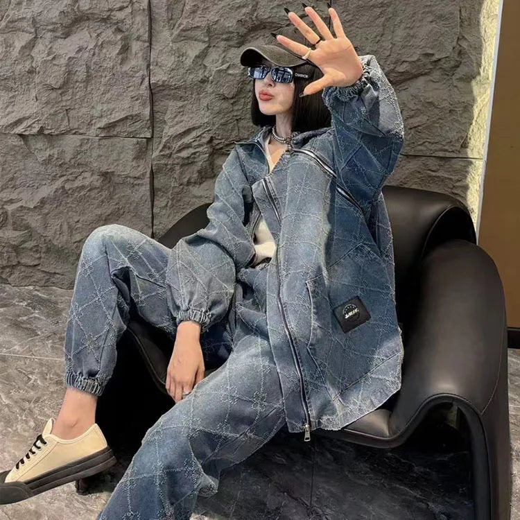 European denim fashion suit for women loose trendy for spring and autumn vintage denim jacket harem pants two-piece set trendy