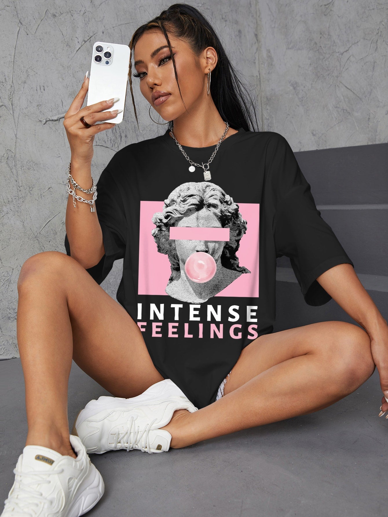 Women Tshirt INTENSE FEELINGS Street Hip Hop Female T-Shirts Loose Oversize Short Sleeve Tops Summer Breathable Tee Clothing