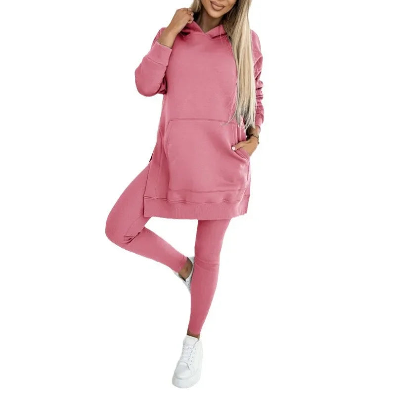 Women Pant Sets Two Pieces Tracksuit Hooded Solid Sweatshirts Pullover Pencil Pants Slim High Street Pockets Ankle Length