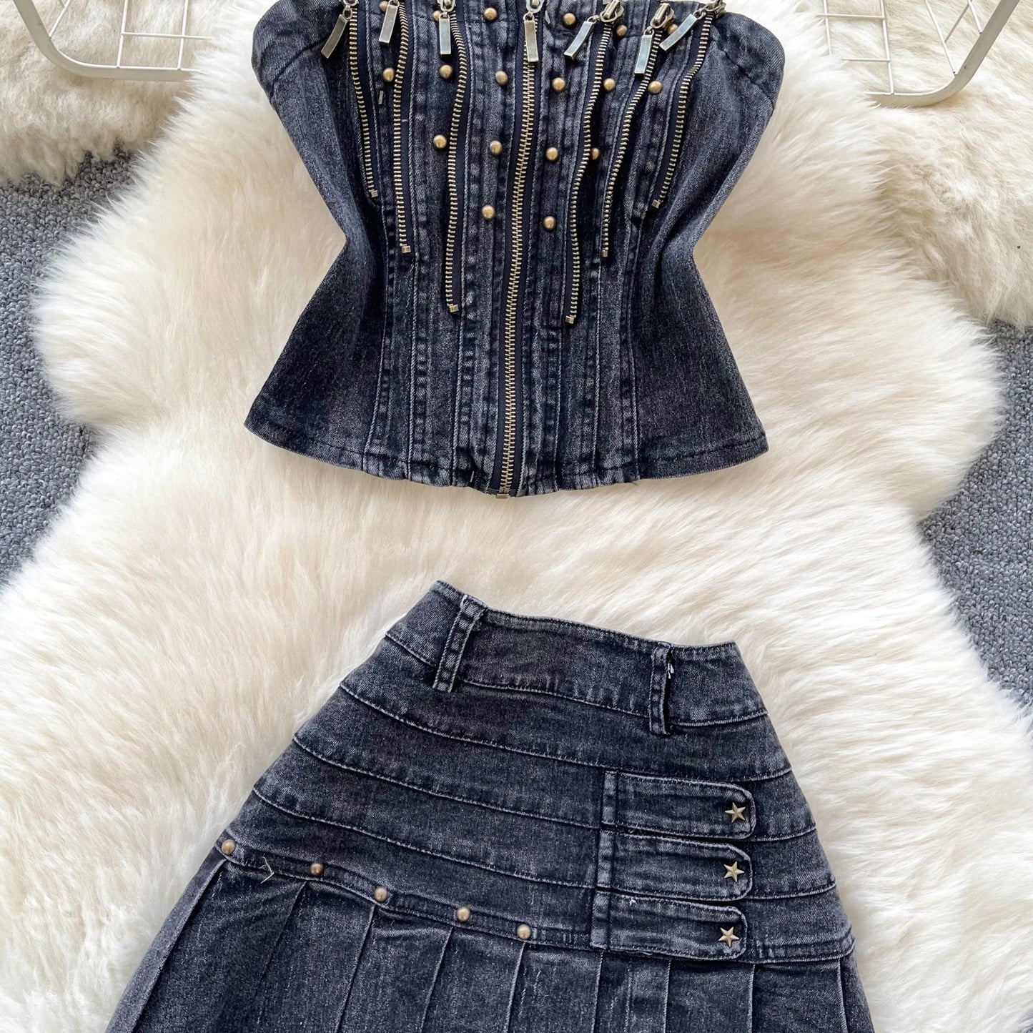 2025 New Women Denim Clothing Suits Chic Zipper Willow nail sleeveless strapless Tops + Pleated Jeans Mini Skirt 2-piece Sets