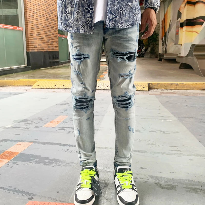 Street Fashion Men Jeans Retro Light Blue Stretch Skinny Fit Ripped Jeans Men Leather Patched Designer Hip Hop Brand Denim Pants