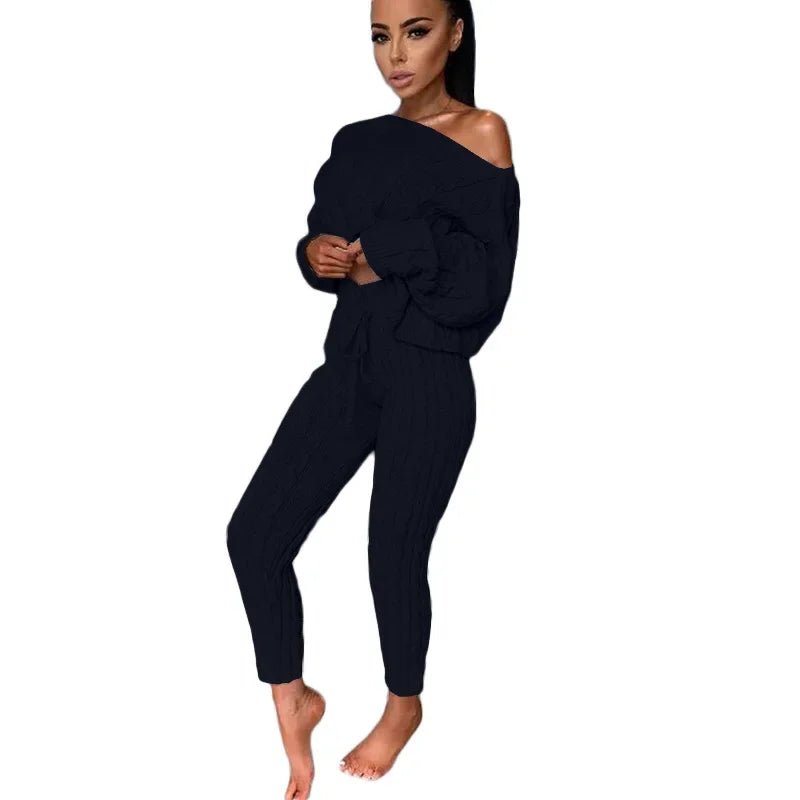 Women Set Two Piece Sets Autumn and Winter  Women O-neck Pullover Woolen Trousers Pants Suit Solid Casual Knitted Sweatshirt Set