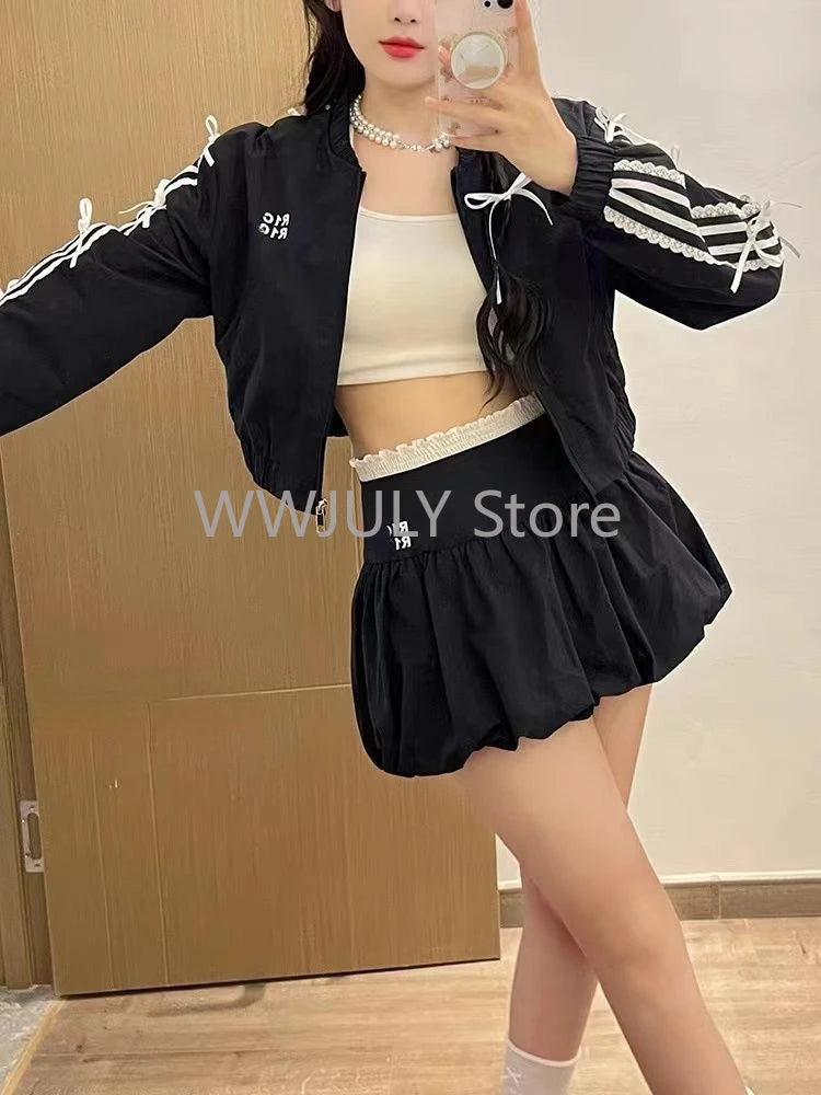 Woman New 2000s Aesthetics Elegant Two Piece Skirt Set Women Sexy Sport Wear Coat + Mini Skirt Suit Female High Street Chic Sets