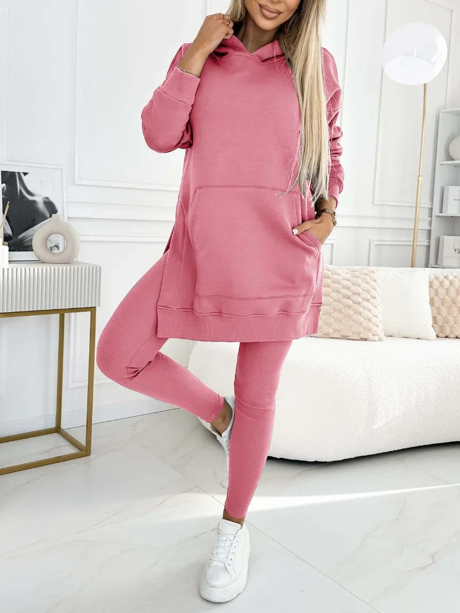 Women Pant Sets Two Pieces Tracksuit Hooded Solid Sweatshirts Pullover Pencil Pants Slim High Street Pockets Ankle Length