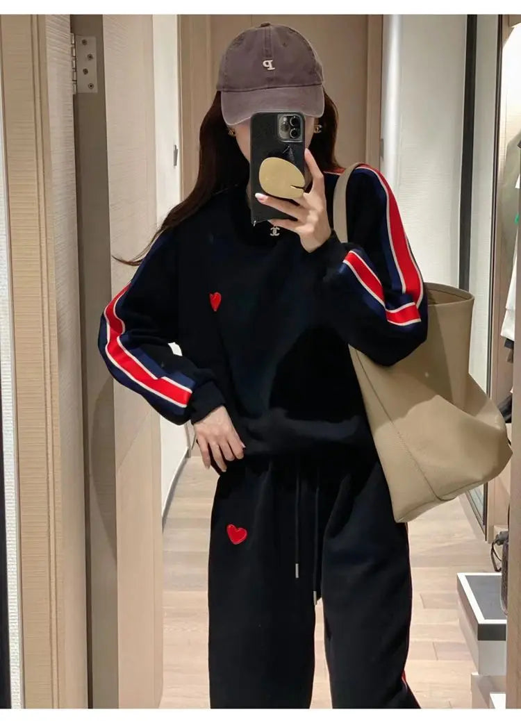 Autumn Cute Love Embroidery Pant Sets Two Pieces Tracksuits Khaki Side Striped Sweatshirt Women Girls Loose Sporty Korean Style