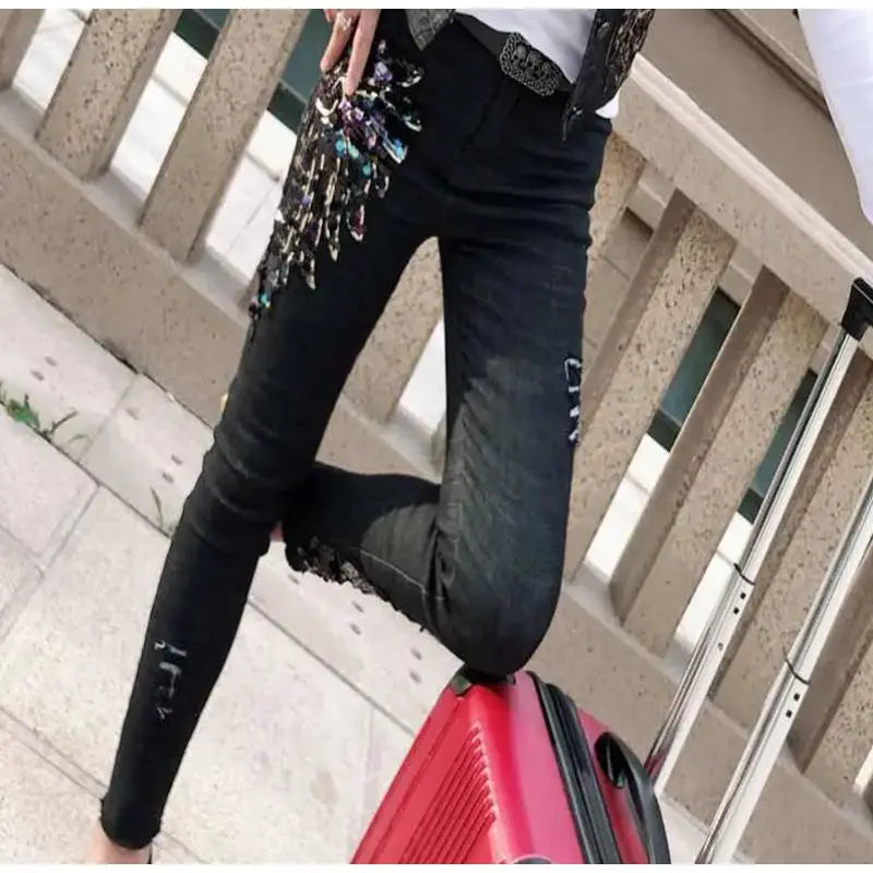 White Sequin Phoenix flower Denim Pants For women's 2025 New Korean Slim Elastic Pencil Skinny Jeans Female Ankle length Pants