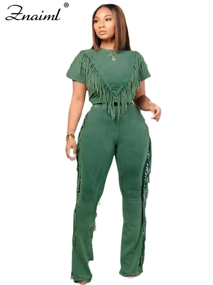 Znaiml Side Fringe Tassel Outfits for Women Wide Leg Flared Pants and Tank Crop Tops Short Sleeve Two 2 Piece Sets Streetwear