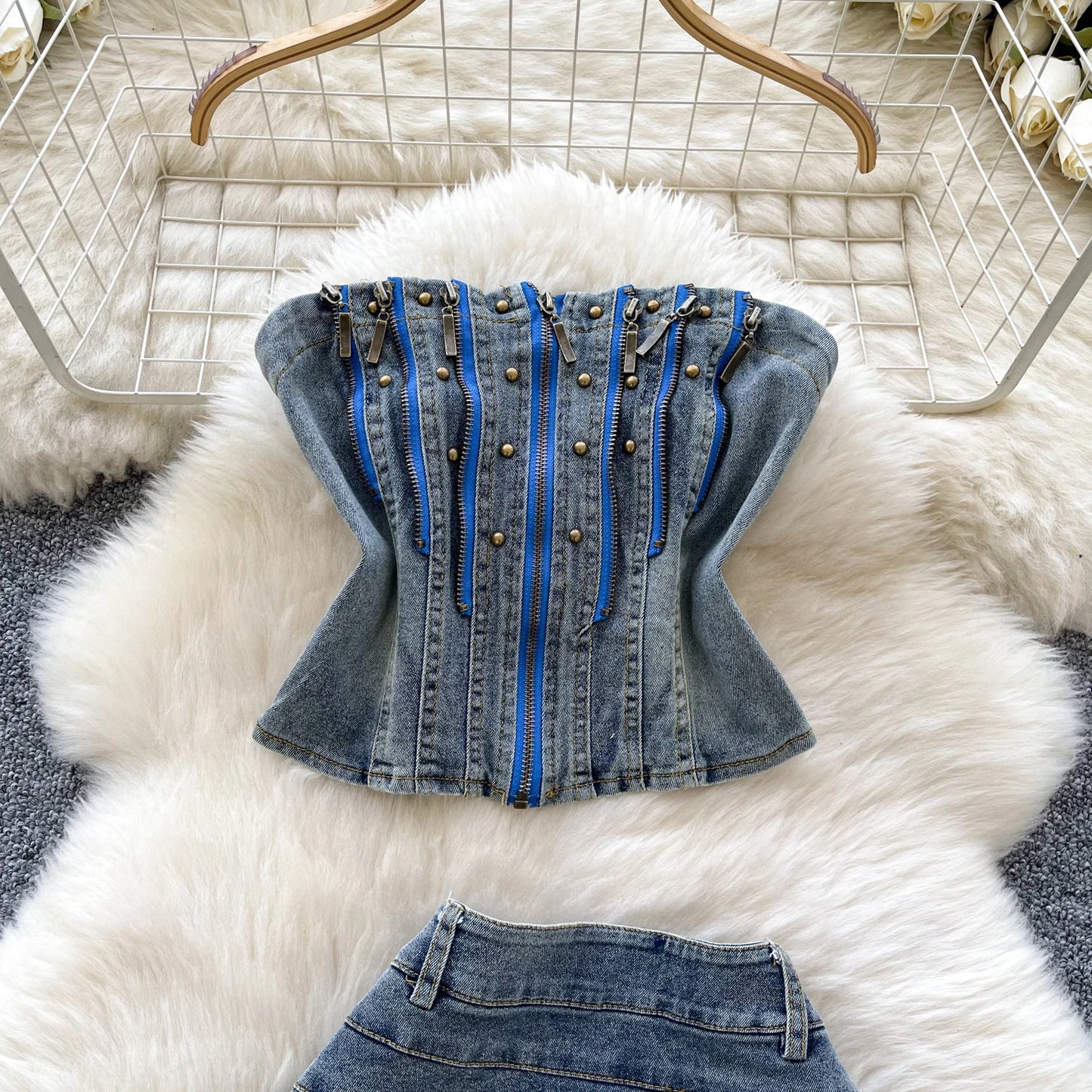 2025 New Women Denim Clothing Suits Chic Zipper Willow nail sleeveless strapless Tops + Pleated Jeans Mini Skirt 2-piece Sets