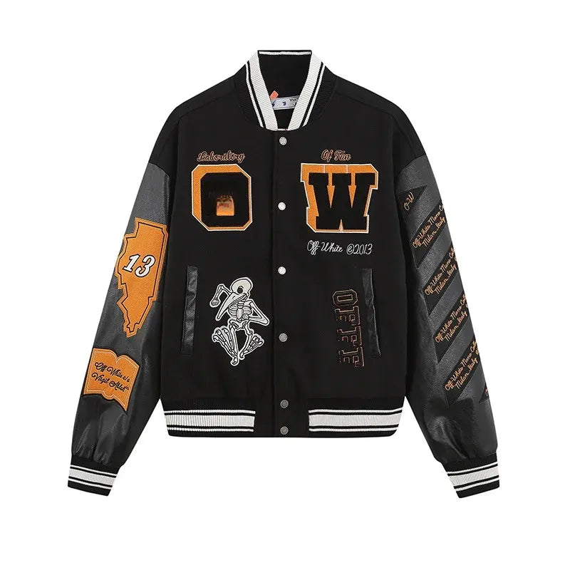 2022 Early Spring New OW Skull Embroidery Woolen Jacket With Cloth Sleeves Heavy Duty Embroidery Casual Style Loose Fit