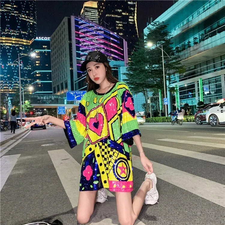 #0218 Summer Long T Shirt Women Loose Streetwear Funny Hip Hop T Shirt Short Sleeve Shinny Sequined T-shirt Female Split Joint