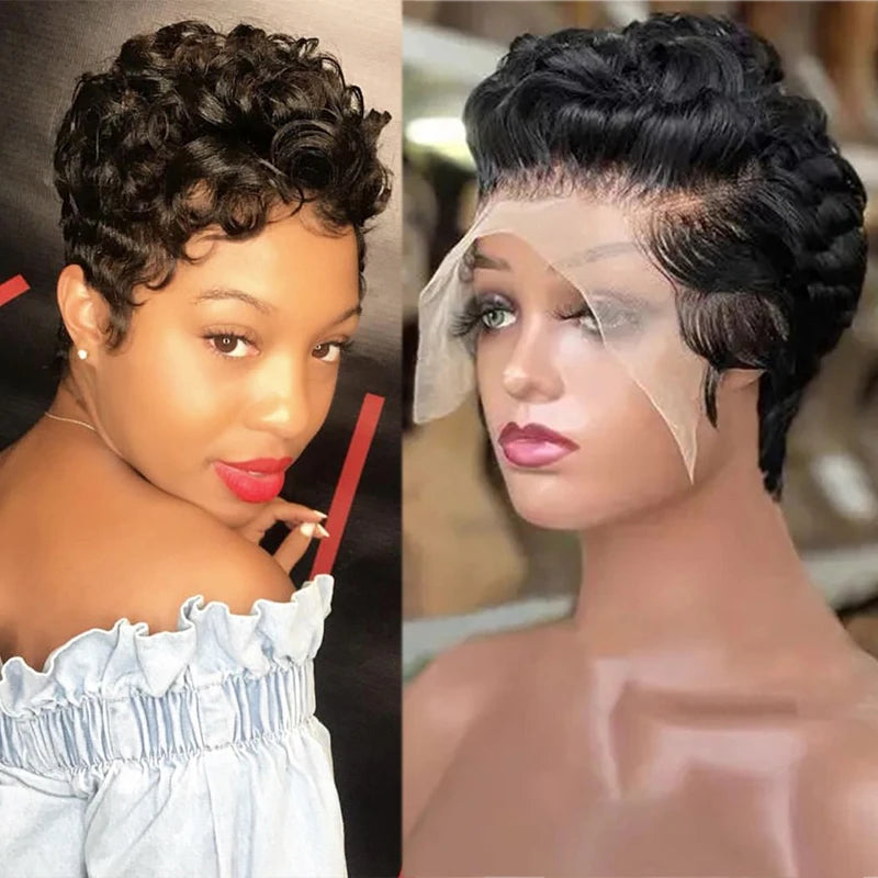 Pixie Curly 100% Human Hair Wig 13x4 Short Bob Wig Pixie Cut #350 Colored 99J  Lace Frontal Human Hair Wigs for Black Women