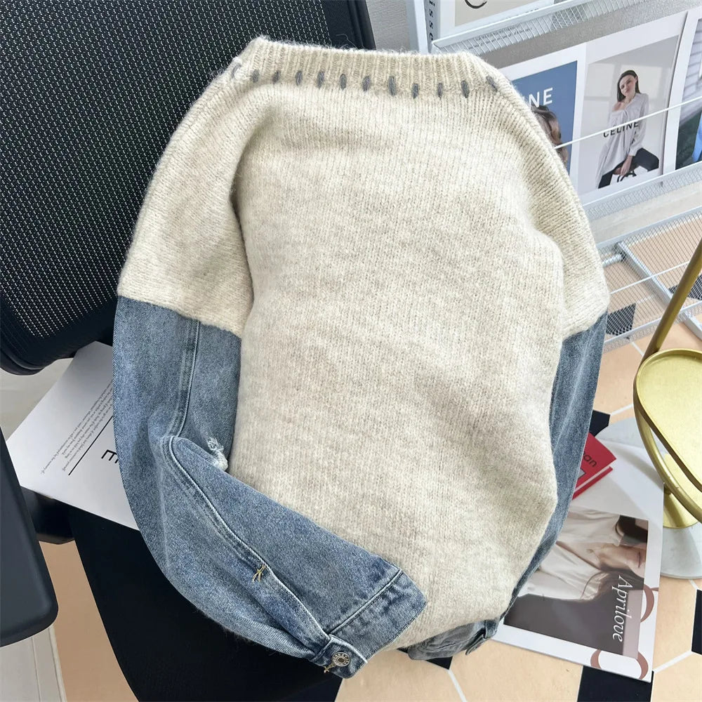 Women's Long Sleeve Pullover Vintage Denim Patchwork Knit Sweater Autumn Women O-Neck Heart Sweater Loose Harajuku Sweatshirt