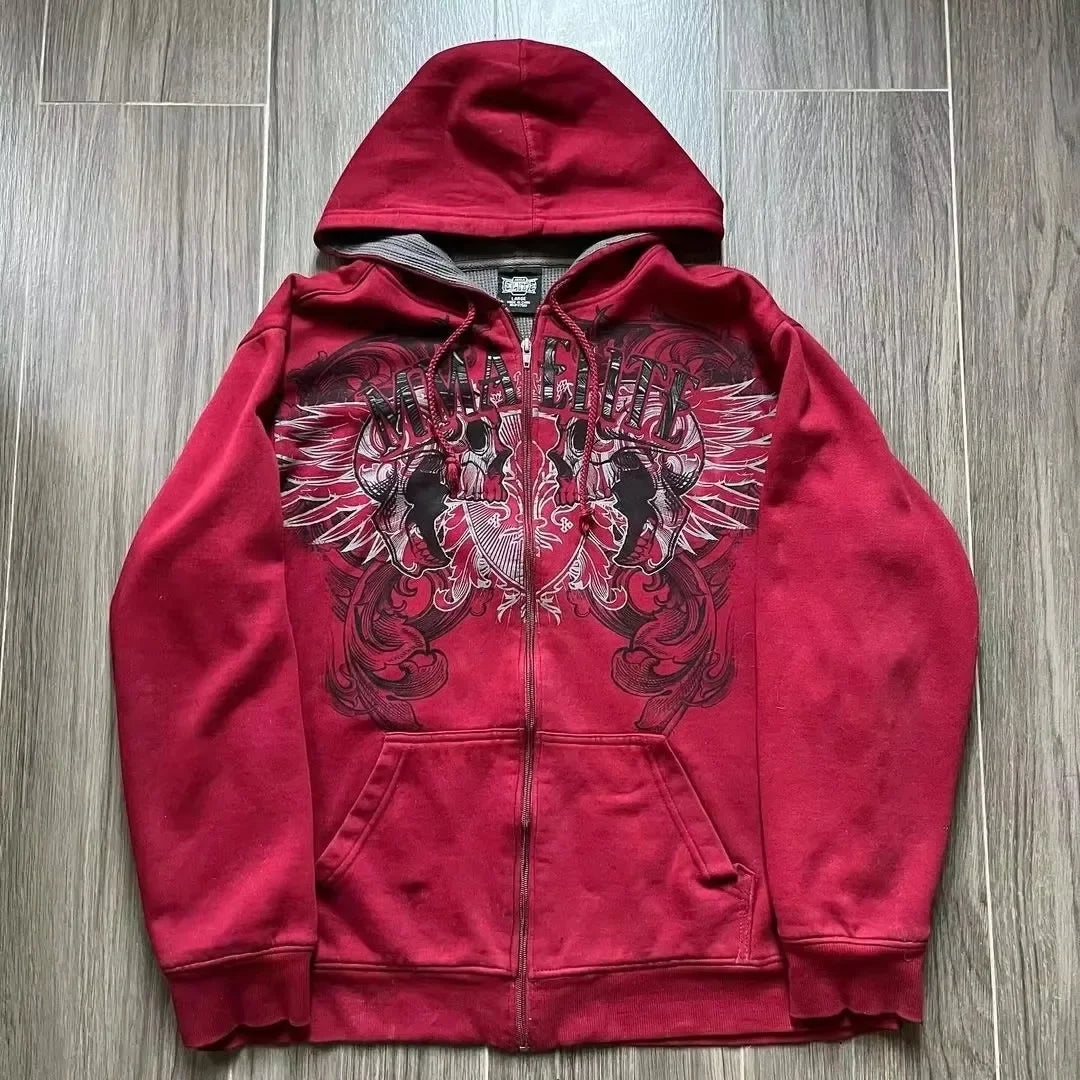 2000s New Cotton Red Couple Zipper Hoodies Vintage Elite Full Zip Hoodie Sweatshirt Size Skull Snake Red Y2K Sweatshirts