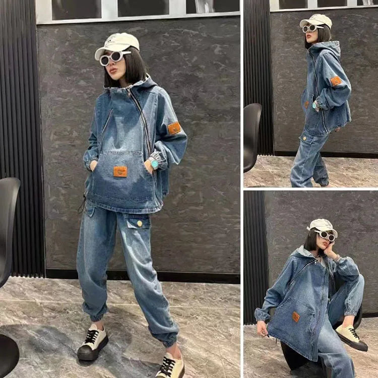 European denim fashion suit for women loose trendy for spring and autumn vintage denim jacket harem pants two-piece set trendy