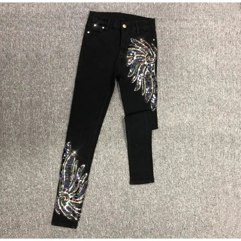 White Sequin Phoenix flower Denim Pants For women's 2025 New Korean Slim Elastic Pencil Skinny Jeans Female Ankle length Pants