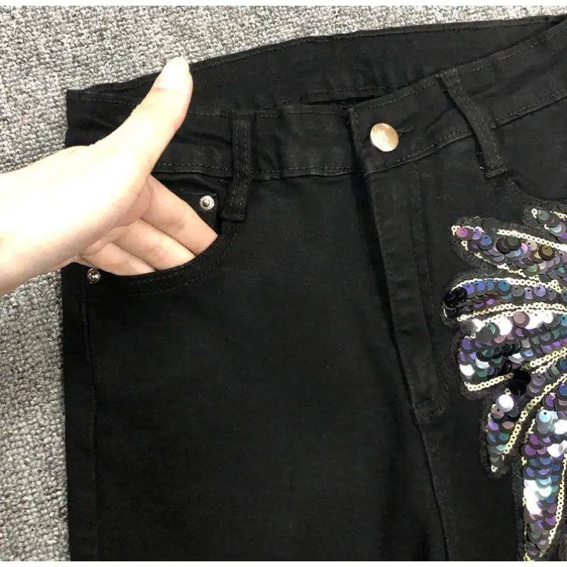 White Sequin Phoenix flower Denim Pants For women's 2025 New Korean Slim Elastic Pencil Skinny Jeans Female Ankle length Pants