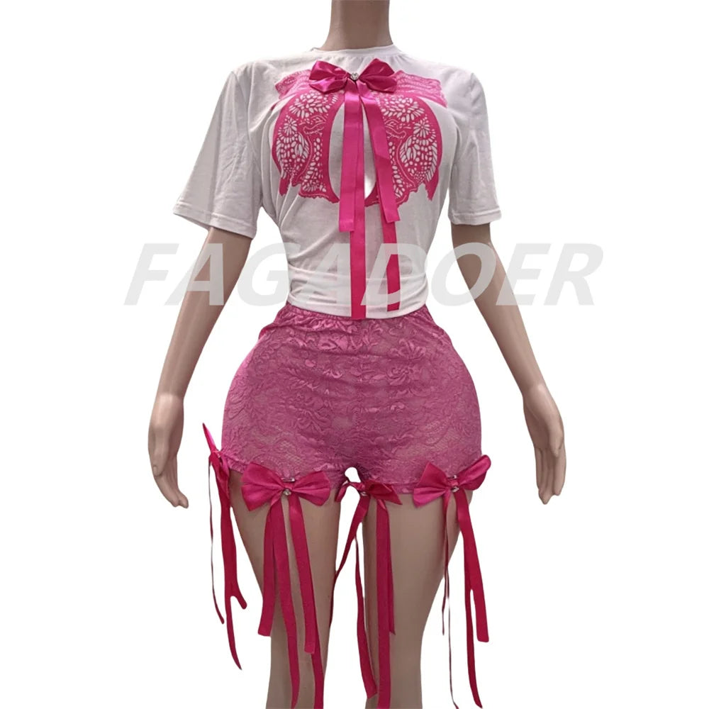 FAGADOER Fashion Y2K Sweet Bow Bandage Lace 2 Piece Sets Outfits Women Round Neck Short Sleeve Top And Shorts Outfits Streetwear