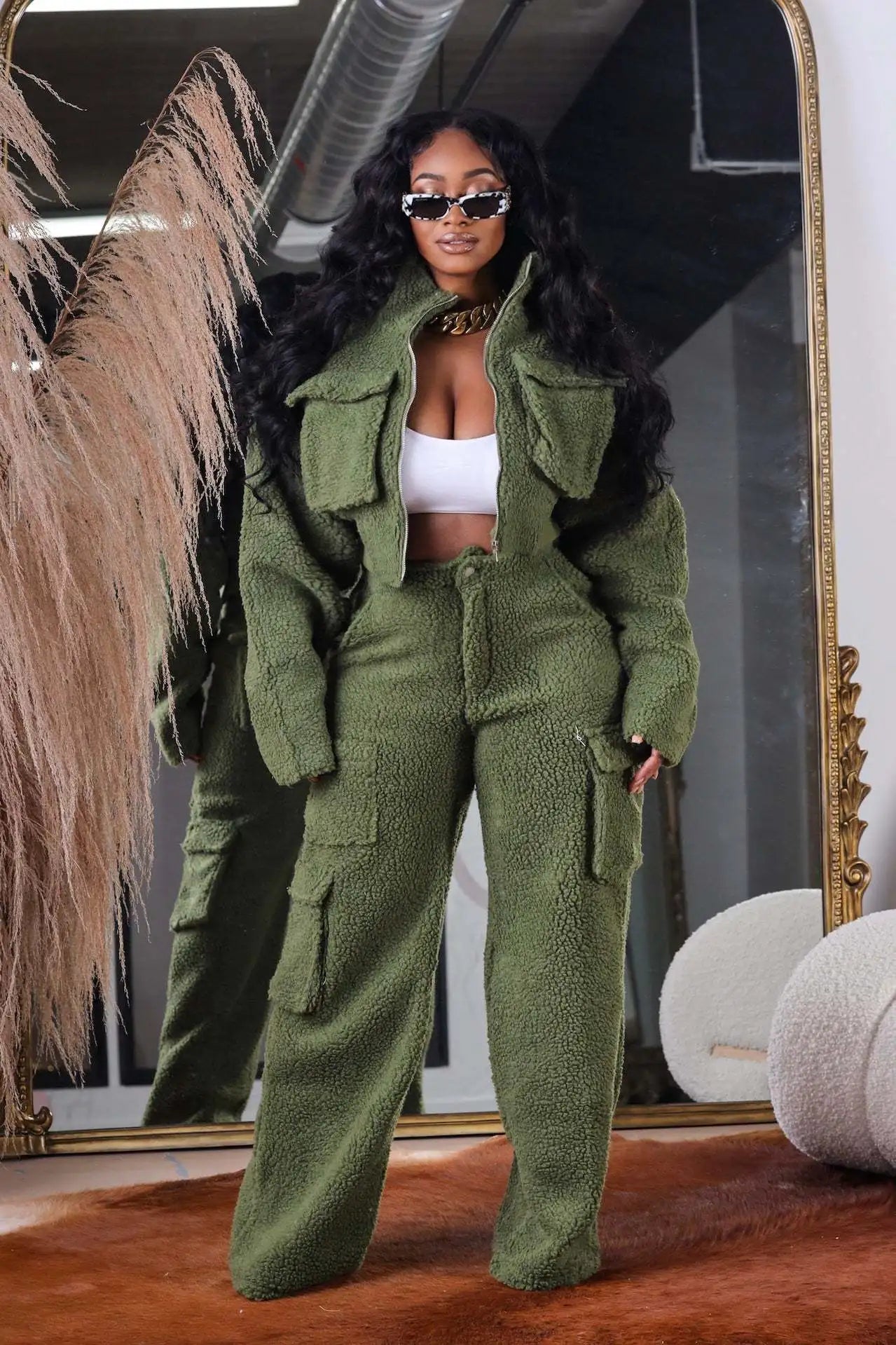 2 Piece Matching Clothes For Women Fur Jackets Tops and Pants Set Joggers Tracksuits Thick And Warm 2023 Winter Fashion Clothes