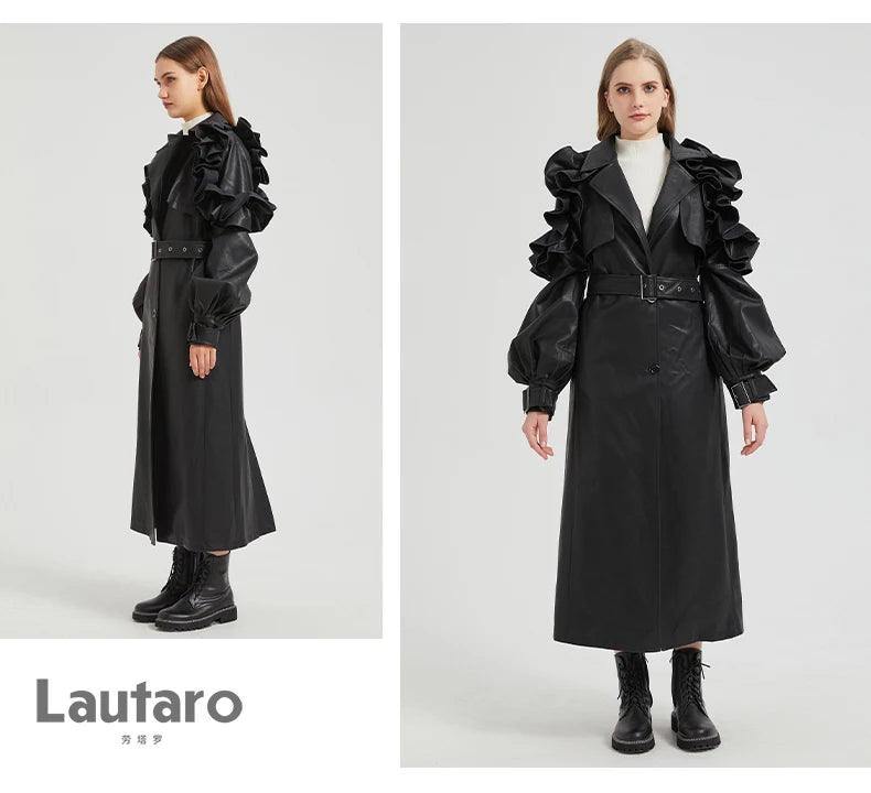 Lautaro Spring Autumn Long Ruffled Soft Pu Leather Trench Coat for Women Belt Elegant Luxury Designer Clothes Runway Fashion