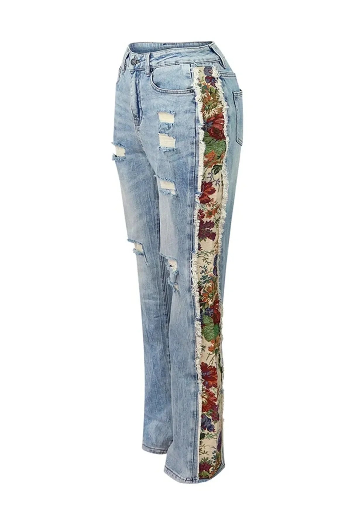 Denim Women's Set Floral Patchwork Full Sleeve Button Fly Jacket and Ripped Jeans Pants Suit 2024 Two 2 Piece Set Outfit