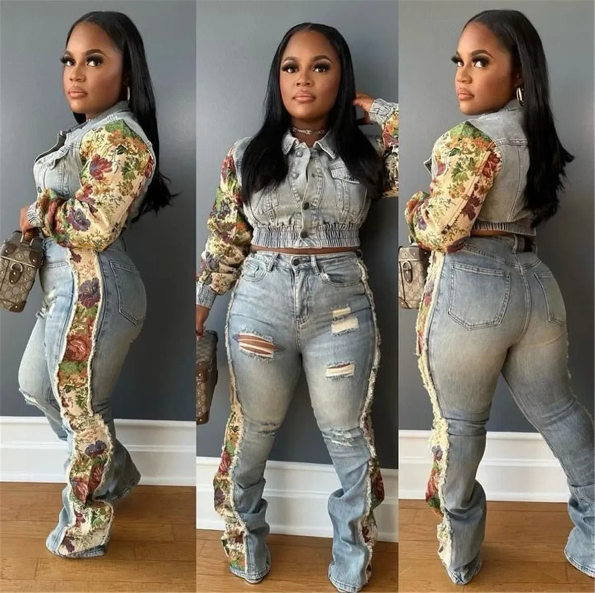 Denim Women's Set Floral Patchwork Full Sleeve Button Fly Jacket and Ripped Jeans Pants Suit 2024 Two 2 Piece Set Outfit