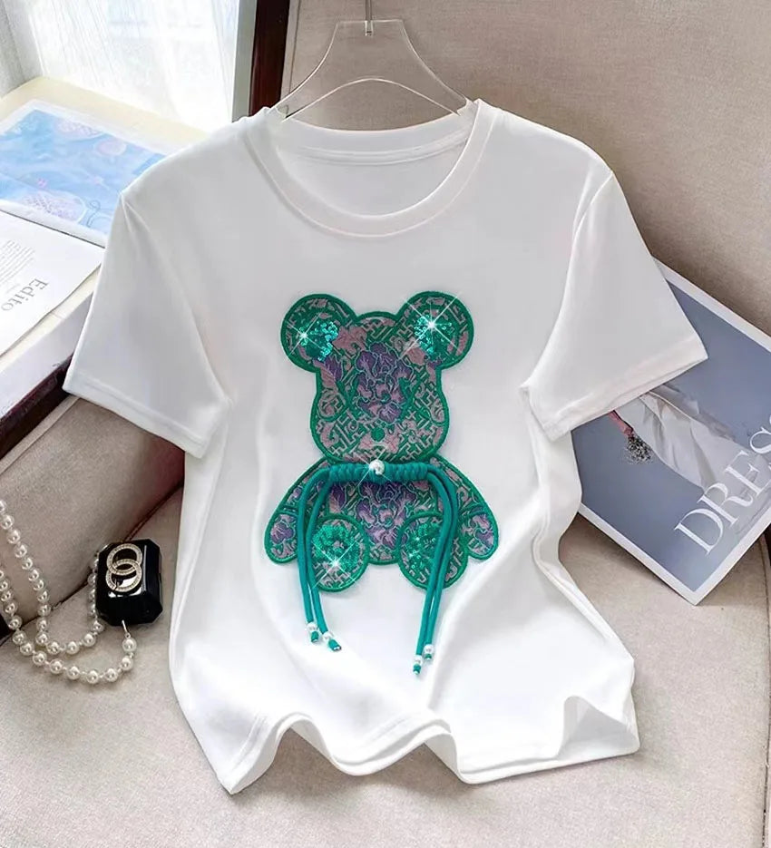 Buckle Pink Bear Beading T-shirt Heavy Handmade Diomand Shiny Bowknot Embroidery T Shirt Summer Tees Top Accessories Clothes