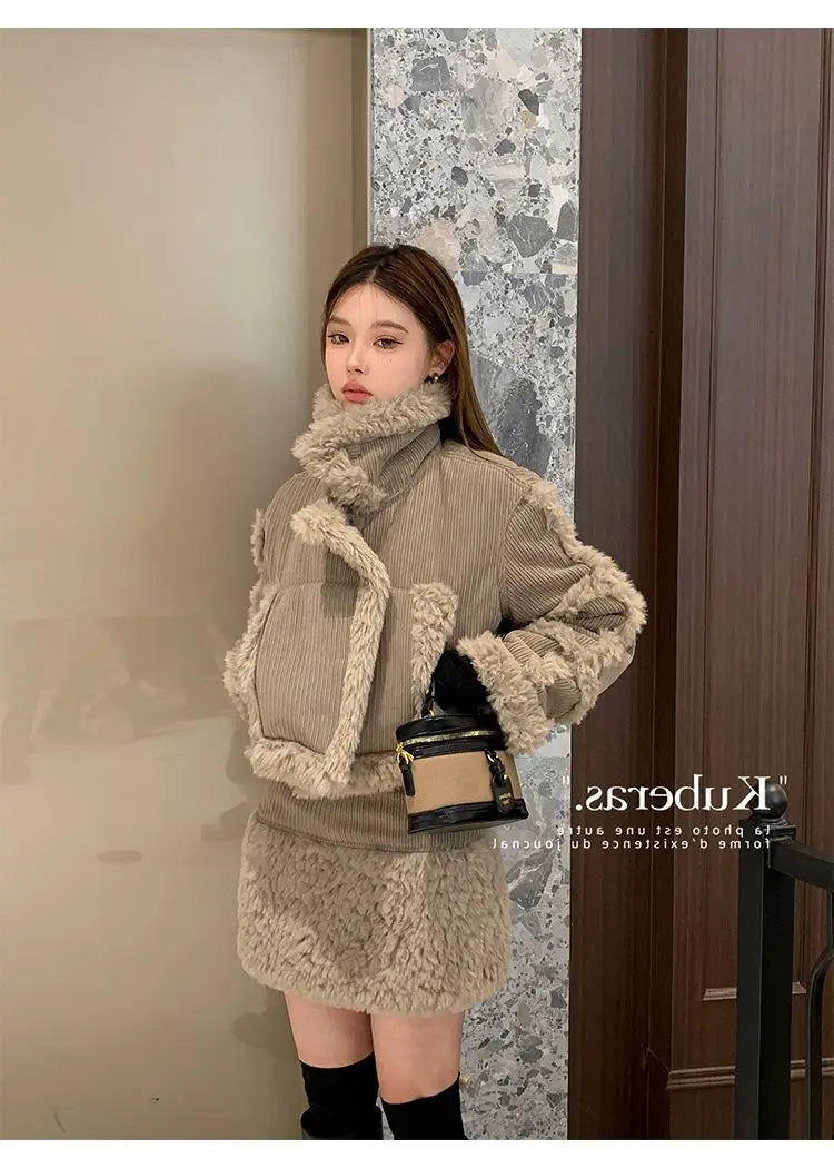 Retro style fashionable splicing furry short coat top high waist skirt short skirt two-piece suit winter women's clothing