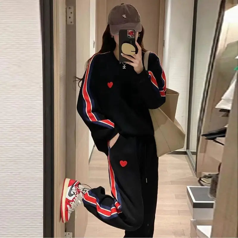 Autumn Cute Love Embroidery Pant Sets Two Pieces Tracksuits Khaki Side Striped Sweatshirt Women Girls Loose Sporty Korean Style