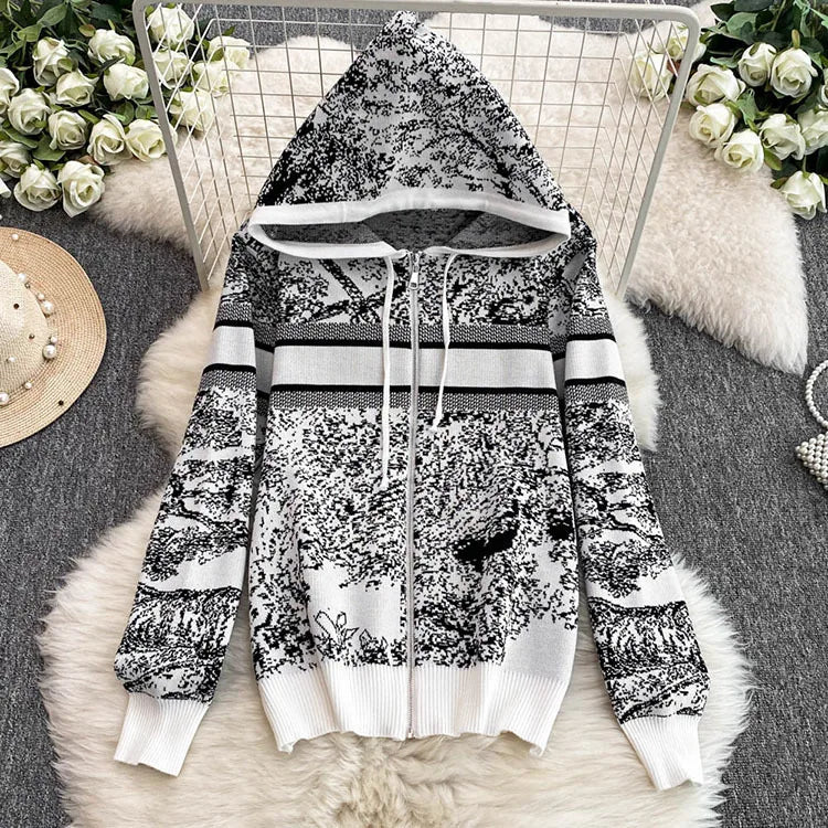 Autumn Winter New Temperament Crew Neck Slim Knit Sweater Loose Trousers Animal Pattern Printed Two-Piece Suit