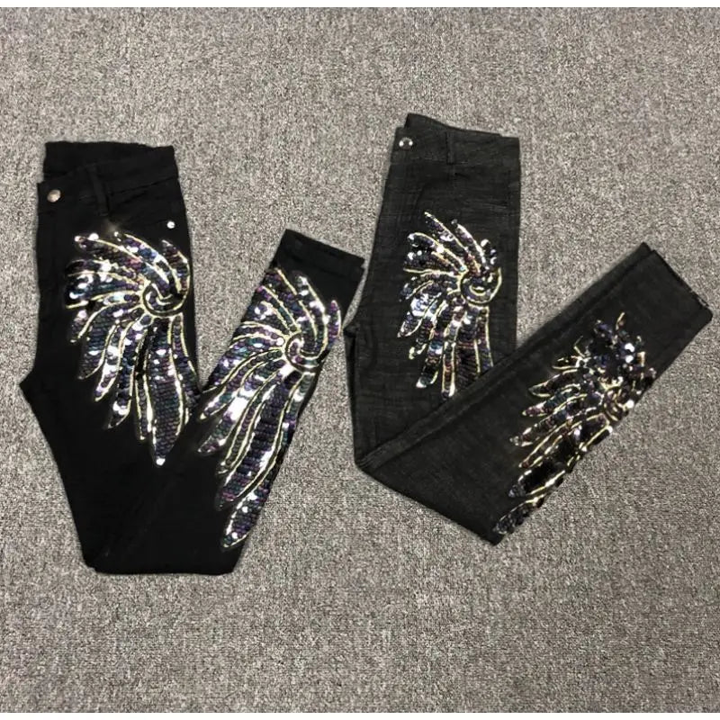 White Sequin Phoenix flower Denim Pants For women's 2025 New Korean Slim Elastic Pencil Skinny Jeans Female Ankle length Pants