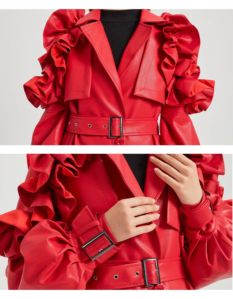 Lautaro Spring Autumn Long Ruffled Soft Pu Leather Trench Coat for Women Belt Elegant Luxury Designer Clothes Runway Fashion