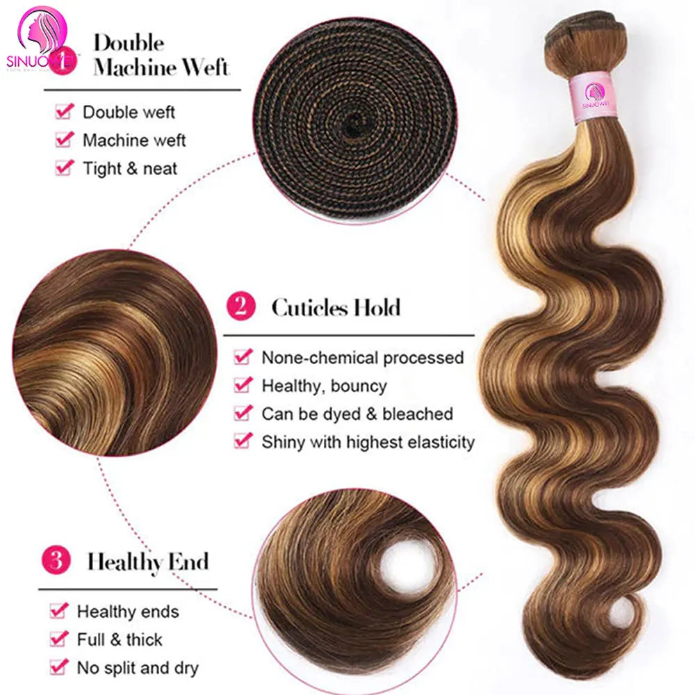 30 32 Inch Highlight Body Wave Bundle 100% Human Hair Bundle P4/27 Honey Brown Brazilian Hair Bundles 1 3 4 Remy Hair Bundle