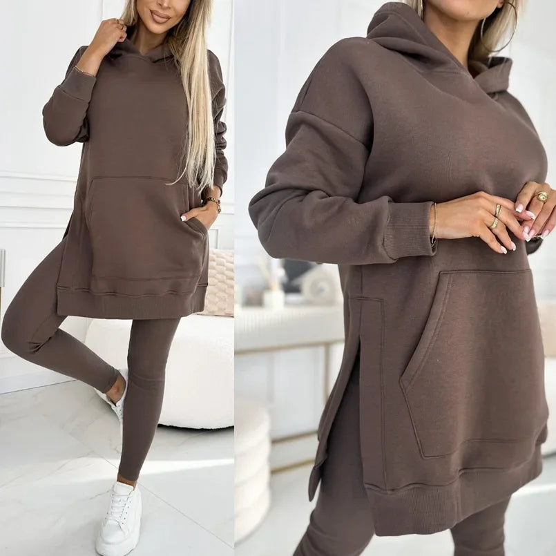 Women Pant Sets Two Pieces Tracksuit Hooded Solid Sweatshirts Pullover Pencil Pants Slim High Street Pockets Ankle Length